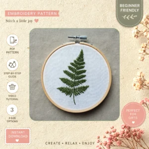 Main preview of floral discover our elegant hand embroidery pattern showing flower, floral, leaf, fern, and foliage in a hand stitched hoop art design