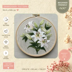 Main preview of floral elegance hand embroidery pattern showing floral in a hand stitched hoop art design
