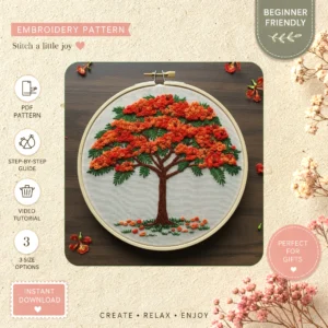 Main preview of floral elegant tree flower hand embroidery pattern showing flower, floral, tree, and home in a hand stitched hoop art design