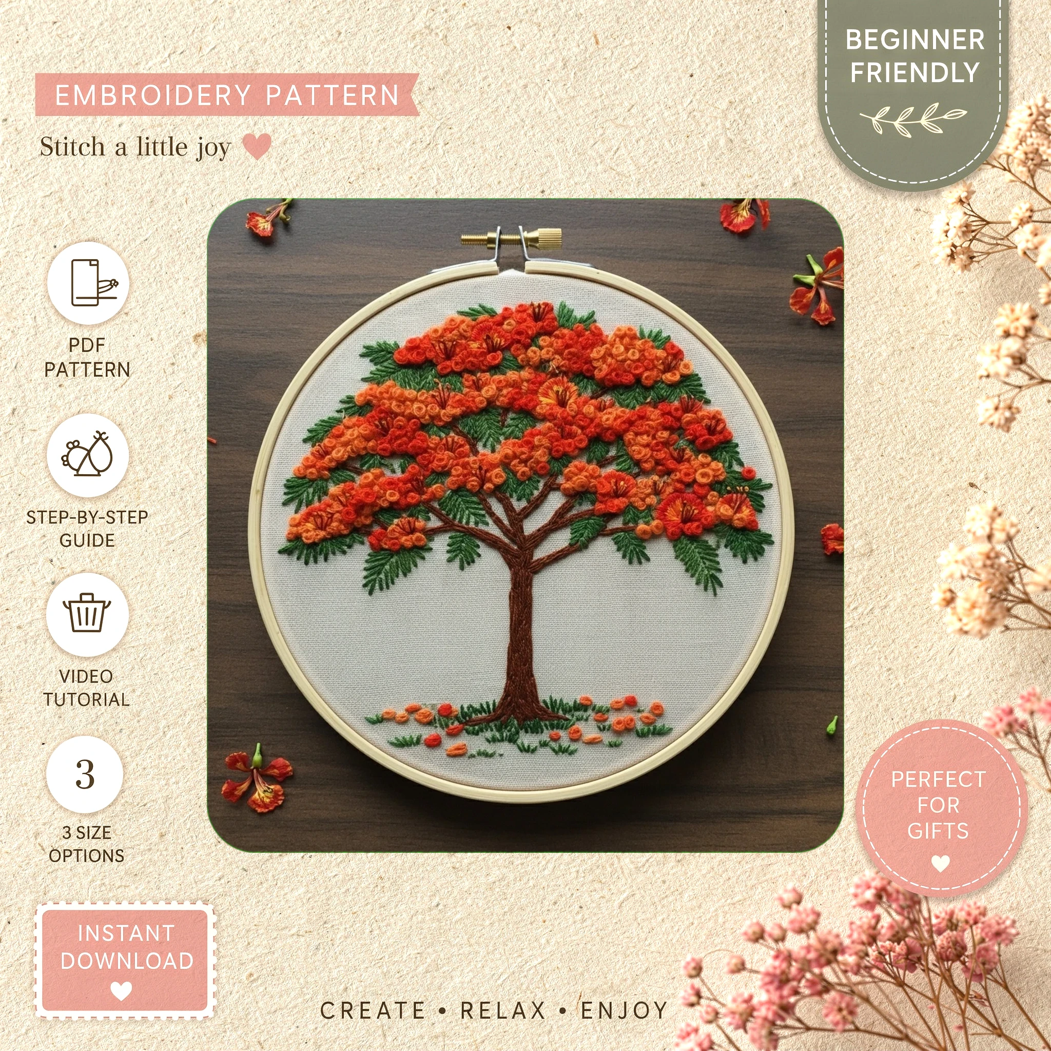 Main preview of floral elegant tree flower hand embroidery pattern showing flower, floral, tree, and home in a hand stitched hoop art design