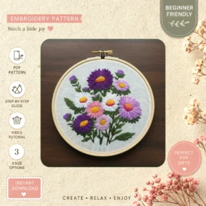 Main preview of floral embroidered purple pansies hand embroidery pattern showing flowers, floral, bouquet, pansies, and nature in a hand stitched hoop art design