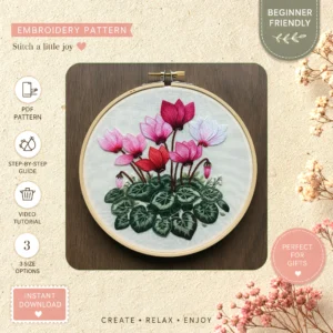 Main preview of floral embroidered three flowers hand embroidery pattern showing flowers, floral, leaves, nature, and home in a hand stitched hoop art design