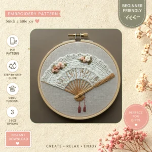 Main preview of floral fan decorative wall hand embroidery pattern showing floral and home in a hand stitched hoop art design