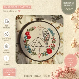 Main preview of floral female profile embroidered hand embroidery pattern showing flower, flowers, floral, and home in a hand stitched hoop art design