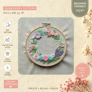 Main preview of floral flower mandala nature hand embroidery pattern showing flower, flowers, floral, leaves, and nature in a hand stitched hoop art design
