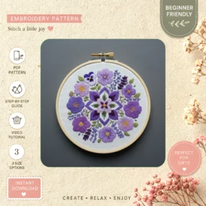 Main preview of floral flowers purple green hand embroidery pattern showing flowers, floral, and nature in a hand stitched hoop art design