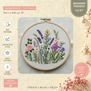 Main preview of floral flowers wild grasses hand embroidery pattern showing flowers, floral, daisies, wildflowers, and nature in a hand stitched hoop art design