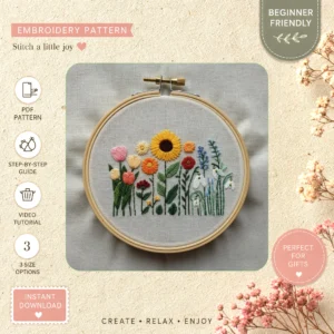 Main preview of floral garden celebrate nature hand embroidery pattern showing flowers, floral, foliage, garden, and nature in a hand stitched hoop art design
