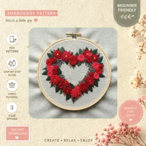 Main preview of floral heart embroidered flowers hand embroidery pattern showing flowers, floral, and leaves in a hand stitched hoop art design