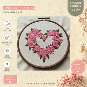 Main preview of floral heart embroidered formed hand embroidery pattern showing floral, leaves, and home in a hand stitched hoop art design