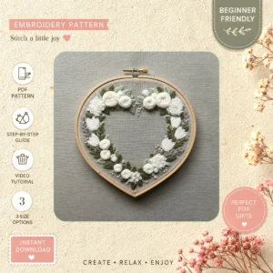Main preview of floral heart flowers filled hand embroidery pattern showing flowers, floral, leaves, and nature in a hand stitched hoop art design