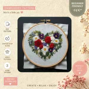 Main preview of floral heart shape surrounded hand embroidery pattern showing flowers, floral, roses, daisies, and leaves in a hand stitched hoop art design