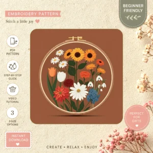 Main preview of floral hope serene trees hand embroidery pattern showing ladybug, flowers, floral, bouquet, and daisies in a hand stitched hoop art design