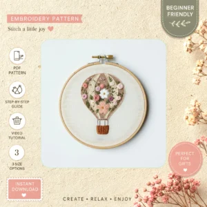 Main preview of floral hot air balloon hand embroidery pattern showing flowers, floral, and bouquet in a hand stitched hoop art design