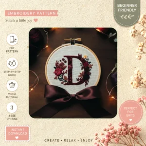 Main preview of floral initial personalized nature's hand embroidery pattern showing floral, bouquet, and nature in a hand stitched hoop art design