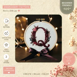 Main preview of floral initials bouquet personalized hand embroidery pattern showing floral, bouquet, and home in a hand stitched hoop art design