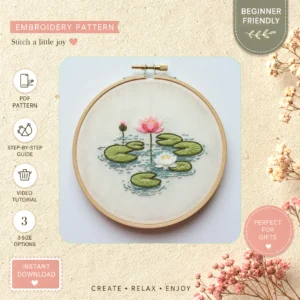 Main preview of floral lily pad water hand embroidery pattern showing floral, lily, and nature in a hand stitched hoop art design