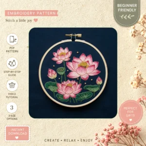 Main preview of floral lotus flowers leaves hand embroidery pattern showing flowers, floral, lotus, leaves, and nature in a hand stitched hoop art design