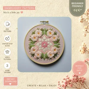 Main preview of floral mandala stunning wall hand embroidery pattern showing floral in a hand stitched hoop art design