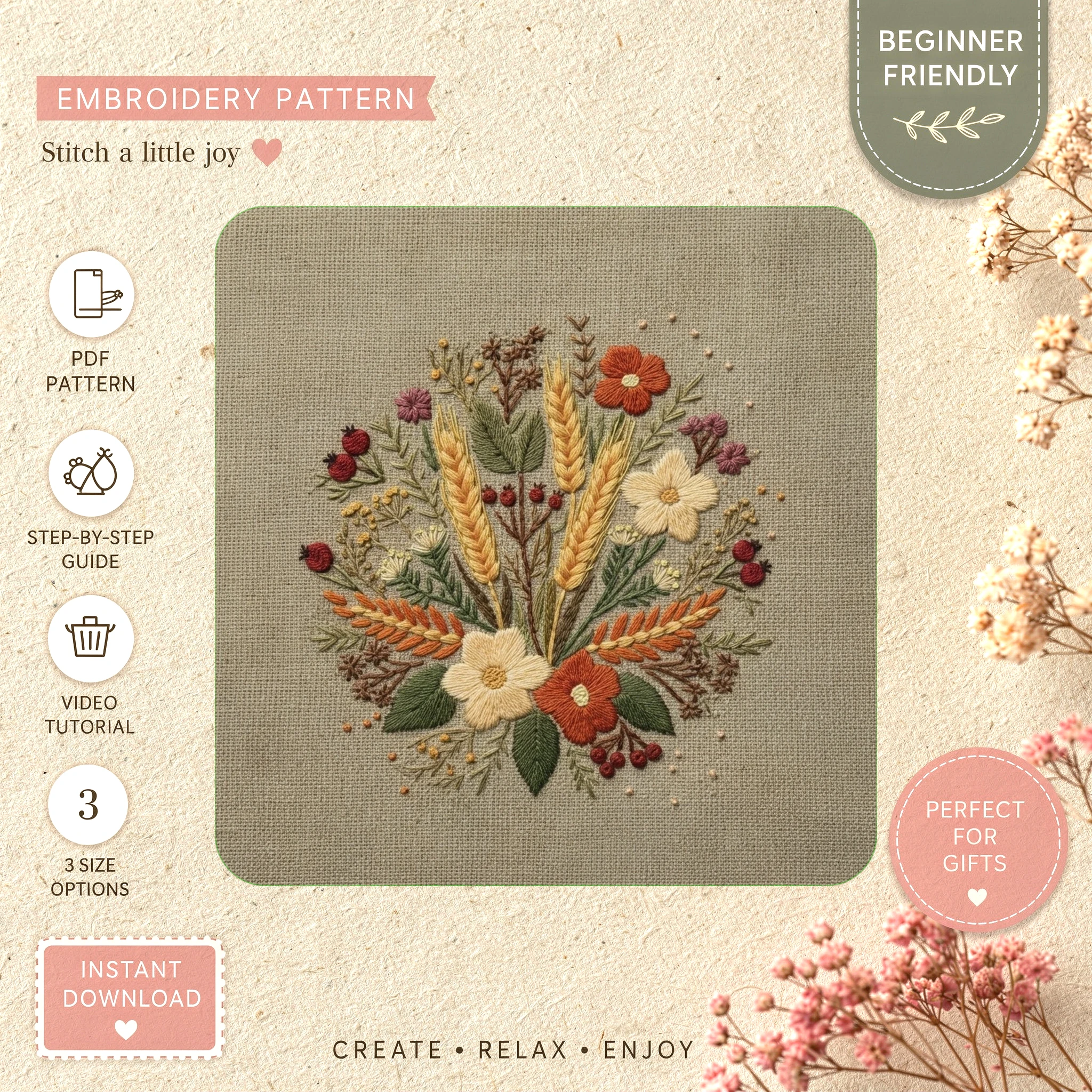 Main preview of floral nature daisies wildflowers hand embroidery pattern showing flowers, floral, bouquet, daisies, and wildflowers in a hand stitched hoop art design