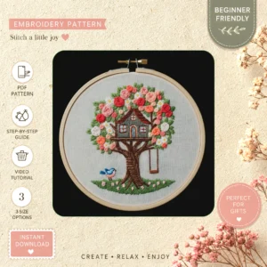 Main preview of floral nature house tree hand embroidery pattern showing bird, flowers, floral, tree, and nature in a hand stitched hoop art design