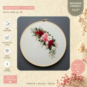 Main preview of floral nature inspired arrangement hand embroidery pattern showing floral, leaves, and nature in a hand stitched hoop art design