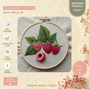 Main preview of floral nature inspired berries hand embroidery pattern showing floral, leaves, nature, and home in a hand stitched hoop art design