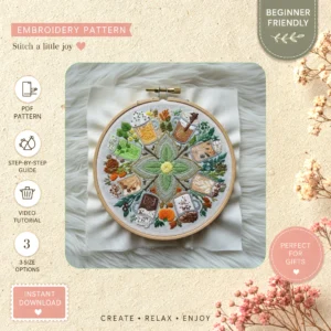 Main preview of floral nature inspired colorful flowers hand embroidery pattern showing bees, flowers, floral, and nature in a hand stitched hoop art design