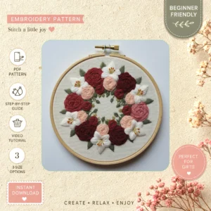 Main preview of floral nature inspired colorful hand embroidery pattern showing floral, roses, and nature in a hand stitched hoop art design