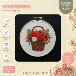 Main preview of floral nature inspired decor hand embroidery pattern showing flowers, floral, roses, nature, and home in a hand stitched hoop art design