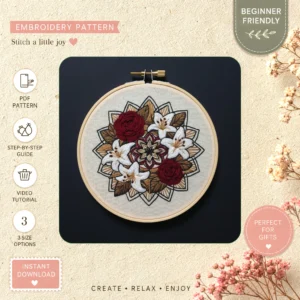 Main preview of floral nature inspired discover hand embroidery pattern showing flowers, floral, leaves, nature, and home in a hand stitched hoop art design