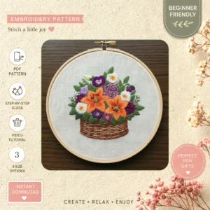 Main preview of floral nature inspired enhance hand embroidery pattern showing floral, bouquet, nature, and home in a hand stitched hoop art design