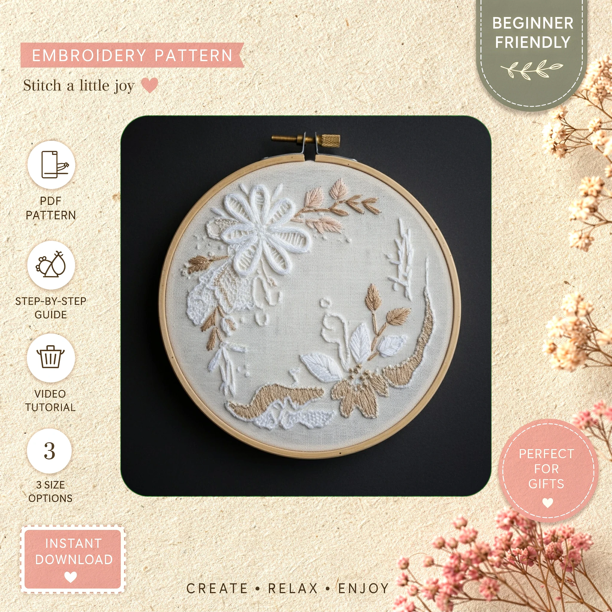 Main preview of floral nature inspired leaves hand embroidery pattern showing floral, leaf, leaves, and nature in a hand stitched hoop art design