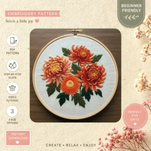 Main preview of floral nature inspired pansies hand embroidery pattern showing floral, bouquet, pansies, peonies, and foliage in a hand stitched hoop art design
