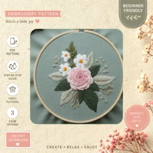 Main preview of floral nature inspired pink hand embroidery pattern showing flowers, floral, leaves, and nature in a hand stitched hoop art design