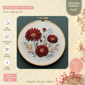 Main preview of floral nature inspired red hand embroidery pattern showing flowers, floral, foliage, and nature in a hand stitched hoop art design
