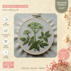Main preview of floral nature inspired serene hand embroidery pattern showing floral and nature in a hand stitched hoop art design