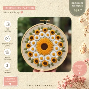 Main preview of floral nature inspired sunflowers hand embroidery pattern showing floral, daisies, sunflower, nature, and home in a hand stitched hoop art design