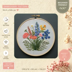 Main preview of floral nature inspired varied hand embroidery pattern showing butterflies, flowers, floral, and nature in a hand stitched hoop art design