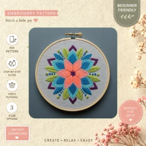 Main preview of floral nature inspired vibrant hand embroidery pattern showing butterfly, flowers, floral, leaves, and nature in a hand stitched hoop art design