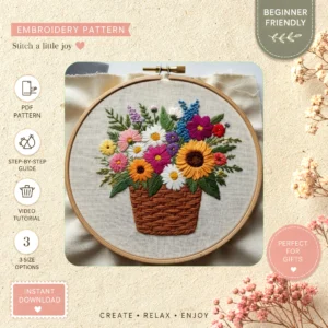 Main preview of floral nature inspired vibrant sunflowers hand embroidery pattern showing floral, blossoms, foliage, and nature in a hand stitched hoop art design