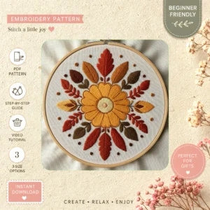 Main preview of floral nature sunburst vibrant hand embroidery pattern showing floral, leaves, nature, and sun in a hand stitched hoop art design