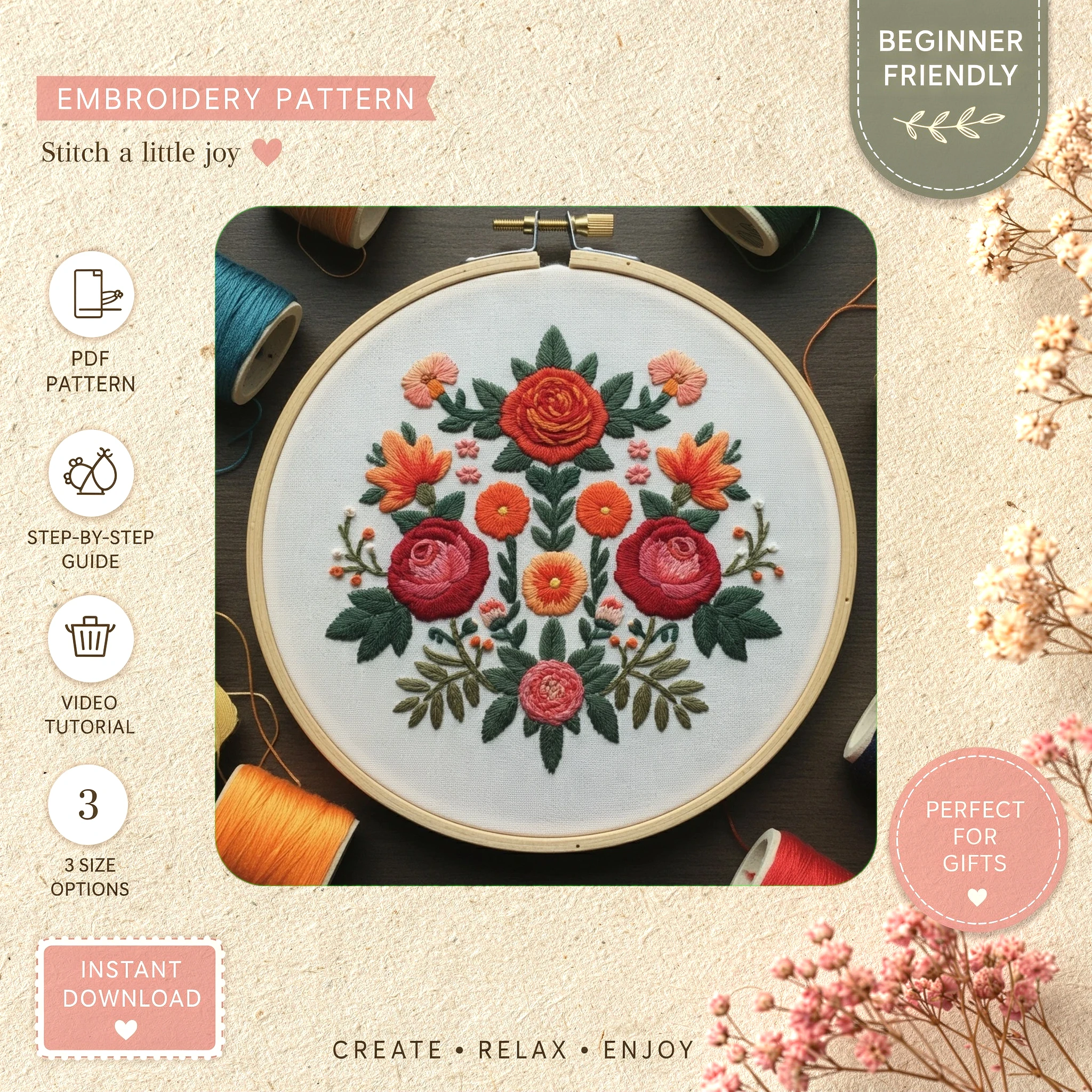 Main preview of floral nature vibrant craft hand embroidery pattern showing floral and nature in a hand stitched hoop art design
