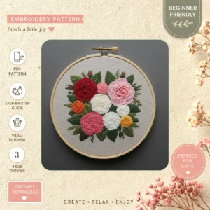 Main preview of floral needlepoint decorative pink hand embroidery pattern showing flowers, floral, roses, leaves, and home in a hand stitched hoop art design