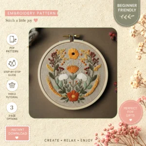 Main preview of floral next variety flowers hand embroidery pattern showing flowers, floral, and leaves in a hand stitched hoop art design