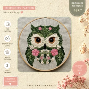 Main preview of floral owl flowered branches hand embroidery pattern showing owl, flowers, floral, leaves, and nature in a hand stitched hoop art design