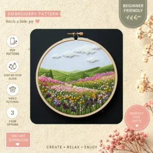 Main preview of floral pastoral flowers embroidered hand embroidery pattern showing flowers, floral, nature, and home in a hand stitched hoop art design
