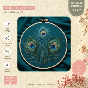 Main preview of floral peacock nature's artistry hand embroidery pattern showing peacock, floral, and home in a hand stitched hoop art design