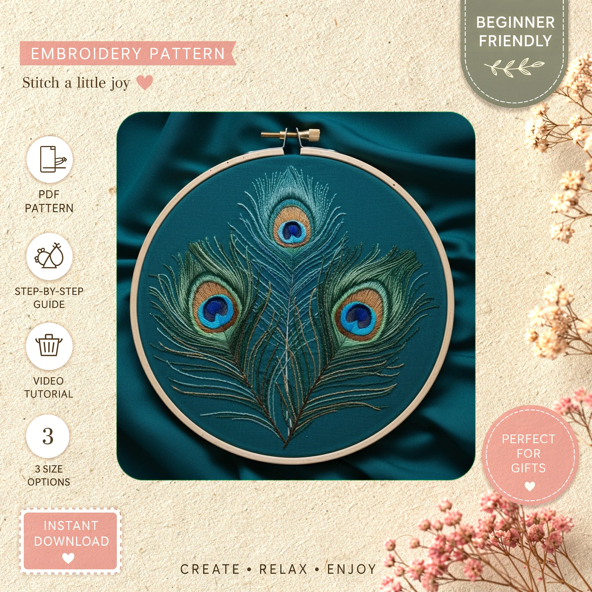 Main preview of floral peacock nature's artistry hand embroidery pattern showing peacock, floral, and home in a hand stitched hoop art design