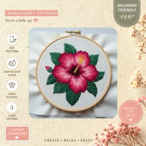 Main preview of floral pink green hand embroidery pattern showing floral in a hand stitched hoop art design